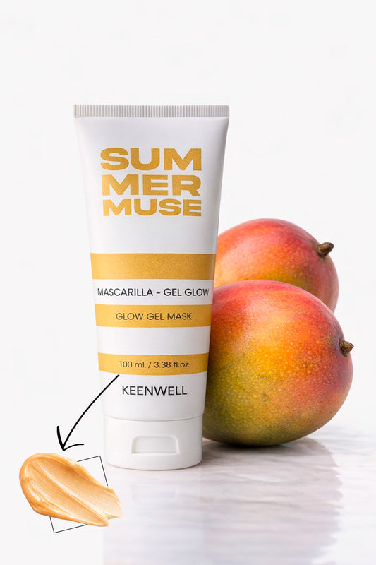 Glow gel mask tube labeled 'Summer Muse' with two mangoes on a white background