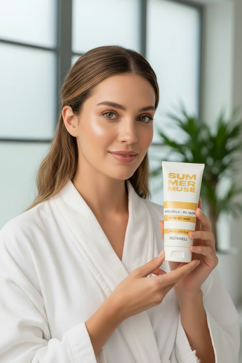 Glow gel mask tube labeled 'Summer Muse' by Keenwell on a white background